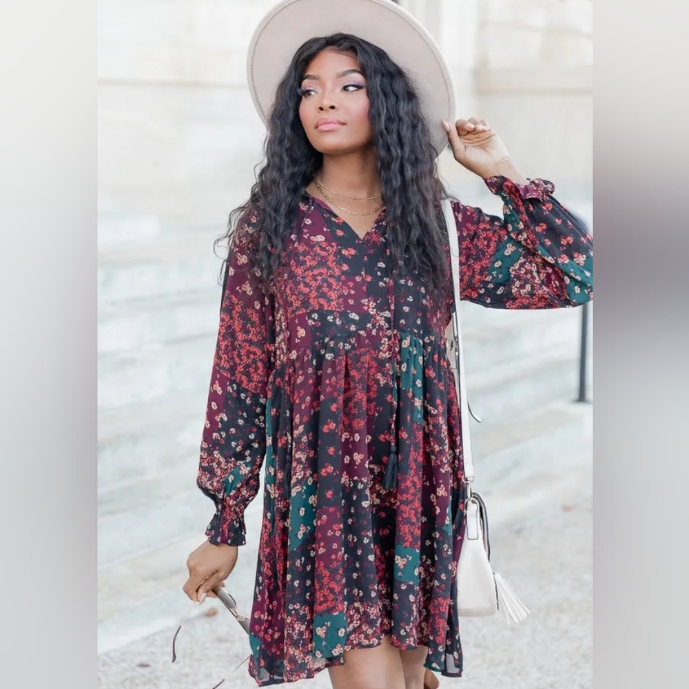 NWOT XS Pink Lily Fall Floral Flowy Babydoll Dress Patchwork lined Flower Boho